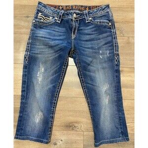 Rock Revival Penny Capri Blue Jeans Pants Fleur De Lis Pockets Womens 30X20
